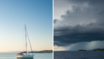 Croatia sailing weather. A split-screen image showing a calm sunny day on the left and a dramatic storm cloud over the sea on the right.