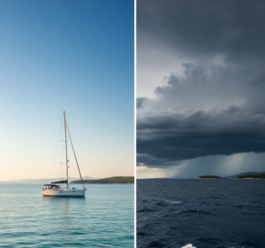 Croatia sailing weather. A split-screen image showing a calm sunny day on the left and a dramatic storm cloud over the sea on the right.