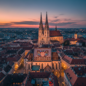Zagreb. A vibrant aerial view of St. Mark’s Church in Zagreb, Croatia, featuring its iconic colourful tiled roof.