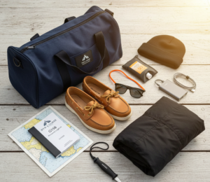 Sailing course packing list. A flat-lay photo of a sailing course packing list including a soft duffle bag, a logbook, deck shoes, and polarized sunglasses.