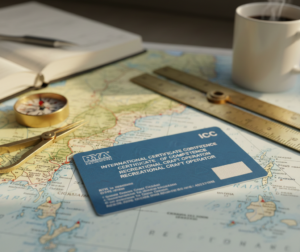 A close-up of an RYA ICC certification document resting on a navigation chart with a pair of dividers.